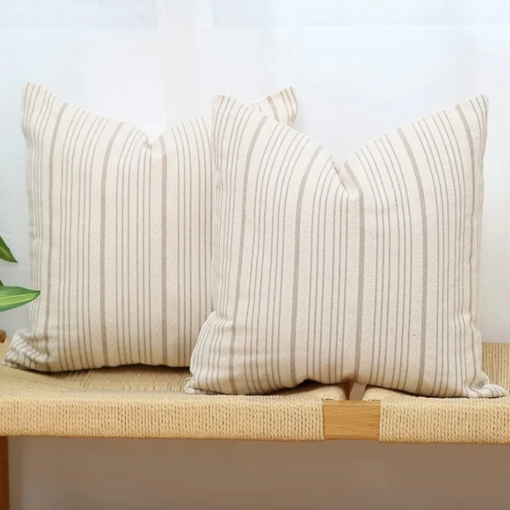 Luxury Home | Modern Farmhouse Beige Textured Linen Striped Throw Pillow Covers